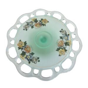 Lancaster Glass Footed Plate Green Satin Glass Open Lace Reverse Painted Floral